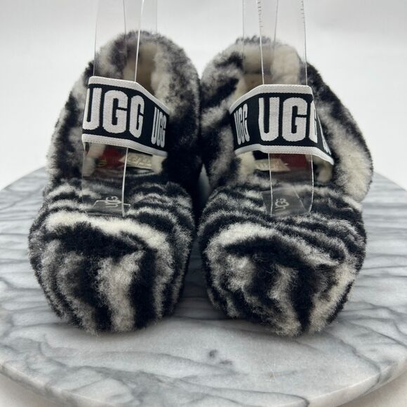 UGG Fluff Yeah Slide Zebra Sandal Womens 8 Elastic Sling Back Fluffy Sheepskin - Picture 5 of 11